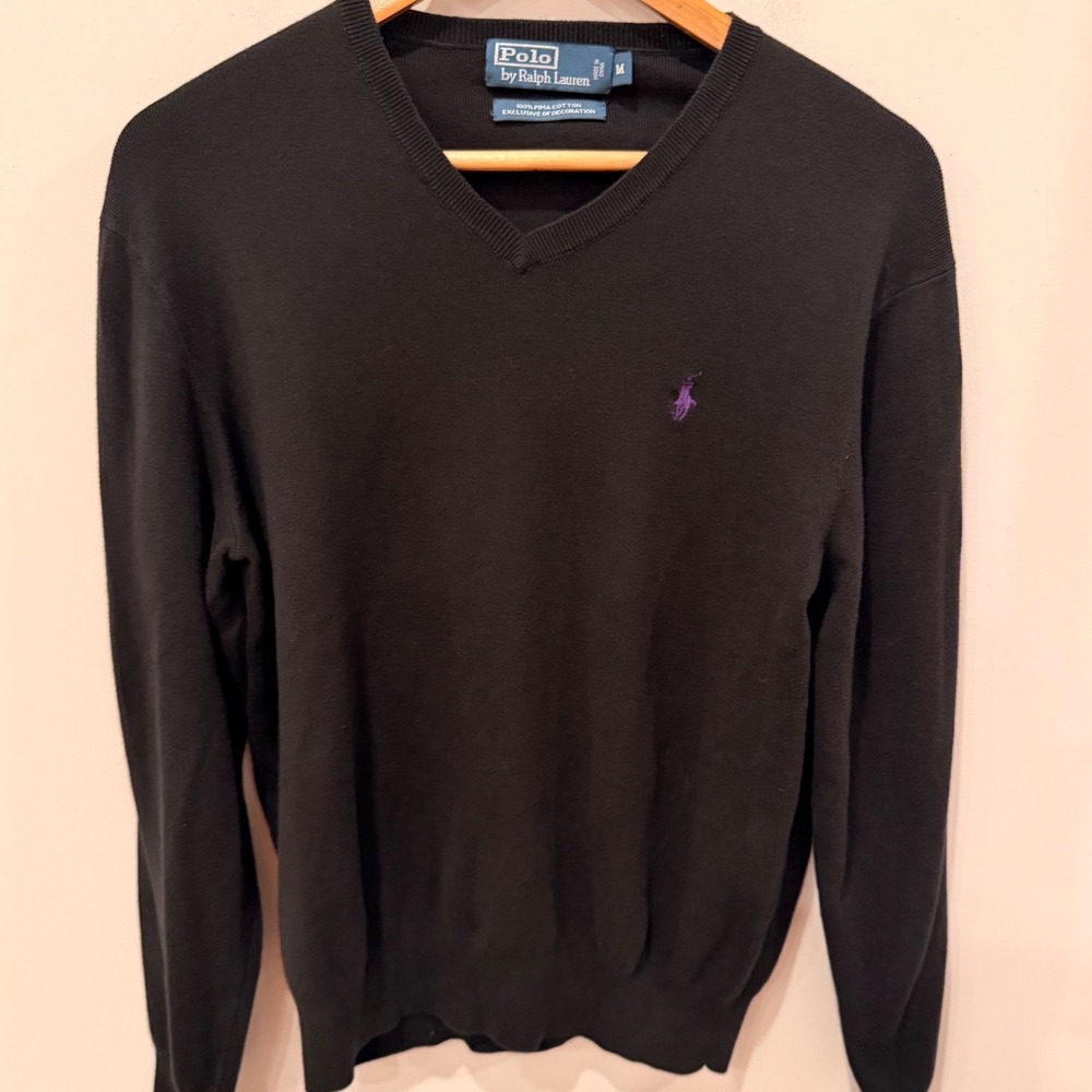 Polo Ralph Lauren Mens M Black Pima Cotton V Neck Sweater Purple Pony Logo